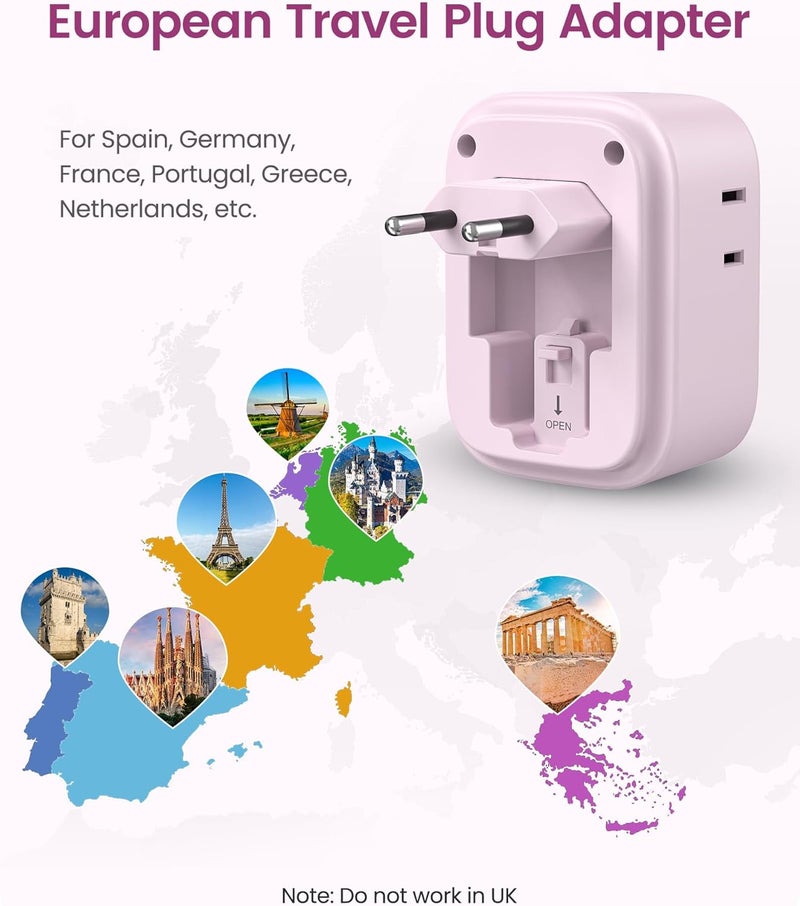 Lencent European Travel Plug Adapter, US to Europe Type-C Foldable Power Plug with 4 Outlets 4 USB Ports (2 USB C), Power Adaptor for USA to EU Euro Iceland Spain Italy France Germany Greece, Pink - Image 3